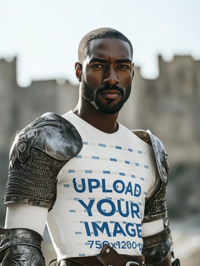 Long-Sleeve Tee Mockup of an AI-Generated Man With an Armor Inspired by an Epic Adventure Trilogy