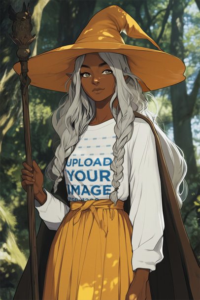 Long-Sleeve Tee Mockup of an AI-Generated Anime Woman Wearing a Witch Costume Inspired by an Epic Adventure Trilogy m53334