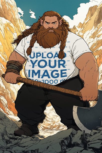 T-Shirt Mockup of an AI-Generated Dwarf Man Inspired by an Epic Adventure Trilogy Anime