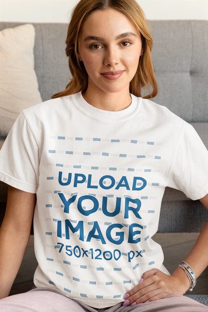 Comfort Colors T-Shirt Mockup Featuring a Smiling Woman in a Homemade Feel Setting m53782