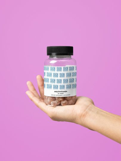 Multivitamin Gummies for Adults Supplement Mockup Featuring a Hand in a Colorful Backdrop m53578