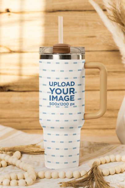 Mockup of a Stanley Tumbler Placed on a Boho-Styled Setting