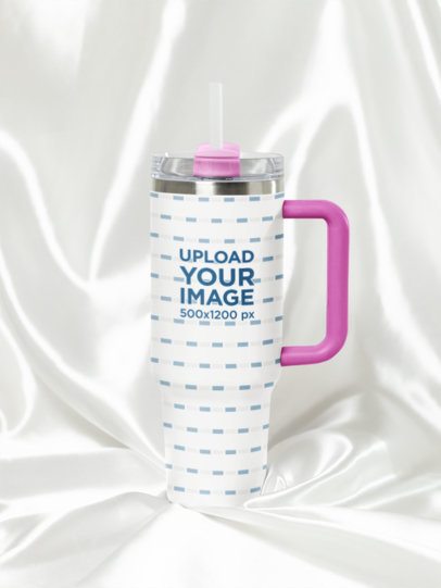 Drinkware Mockup Featuring a Stanley Tumbler Placed on a Silk Sheet Setting m54040