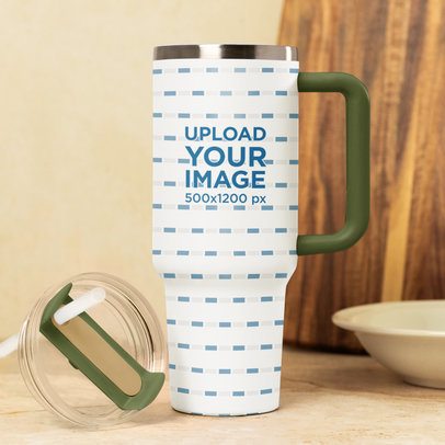 Drinkware Mockup Featuring an Open Stanley Tumbler Placedd on a Table m54045