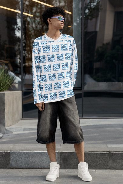 Hockey Jersey Mockup of a Serious Man With Sunglasses Standing Outside a Building m54448