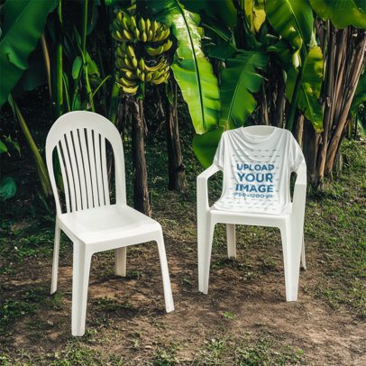 T-Shirt Mockup Featuring Two Plastic Chairs and Banana Plants m54467