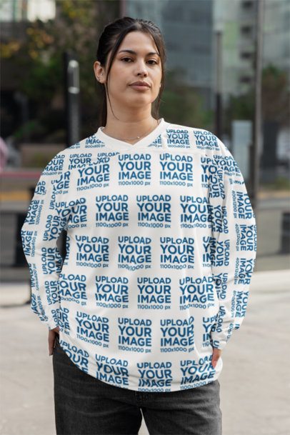 Hockey Jersey Mockup Featuring a Serious Woman Posing by the Street m54447