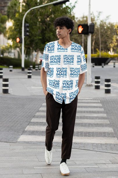 Baseball Jersey Mockup Featuring a Serious Man Crossing the Street m54456