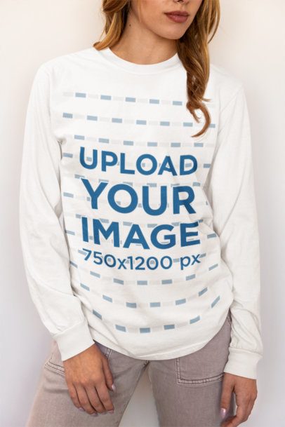 Homemade Feel Mockup Featuring a Cropped-Face Woman in a Comfort Colors Long-Sleeve Tee m53777