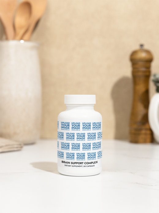 Brain Support Complex Supplement Mockup Featuring a Nice Kitchen Background