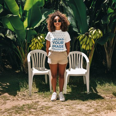 T-Shirt Mockup Featuring an AI-Created Woman Posing in a Patio With Two Plastic Chairs m54468