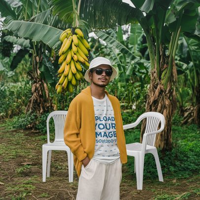 T-Shirt Mockup Featuring an AI-Created Man Posing in a Yard With Plastic Chairs and Banana Plants m54471