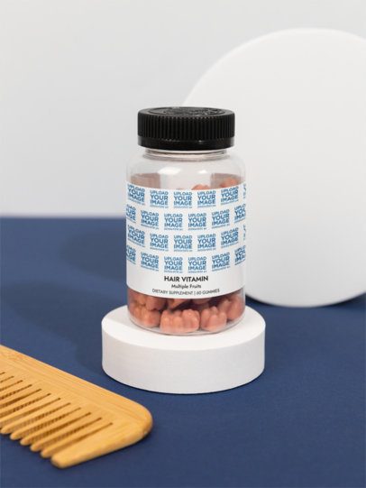 Hair Vitamin Gummies Supplement Mockup Featuring  Studio Setting and a Wooden Comb m53589