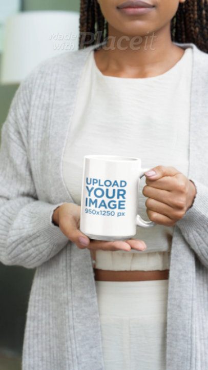 Video of a Cropped-Face Serious Woman Holding a 15 Oz Coffee Mug 9001v