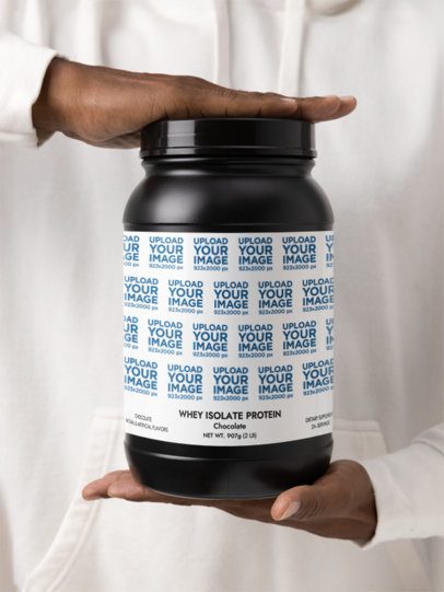 Whey Isolate Chocolate Protein Supplement Mockup Featuring a Man's Hands