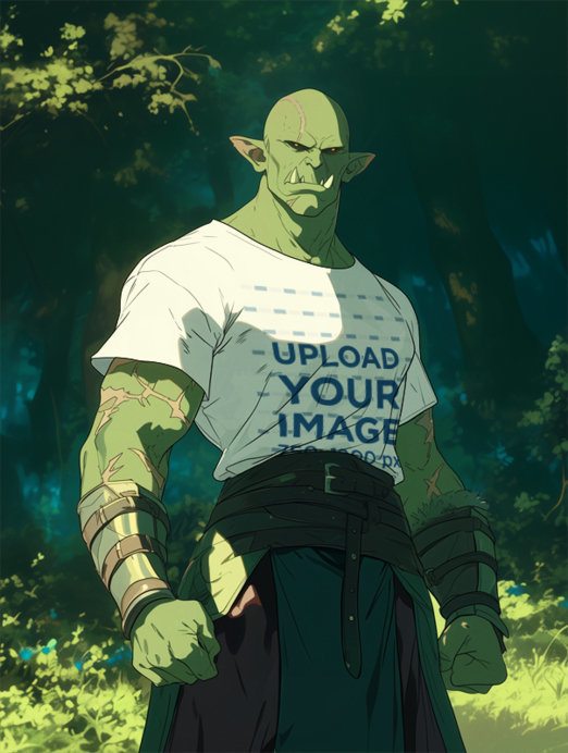 T-Shirt Mockup Featuring an AI-Created Orc Graphic Inspired by an Epic Adventure Trilogy Anime