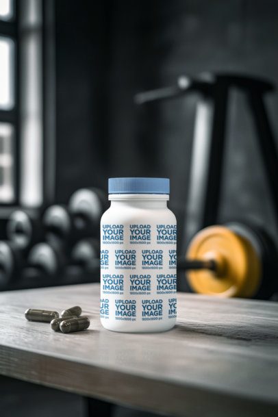 Mockup of an AI-Generated Supplement Capsules Bottle Placed on a Table in a Gym Studio m53945