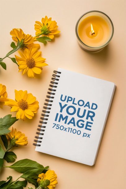 Mockup of an AI-Generated Spiral Journal Placed on a Surface With Flowers and a Candle m53845
