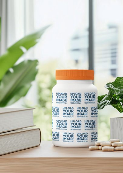 Mockup of an AI-Generated Capsule Bottle Mockup Placed on a Table With Some Pills m53957