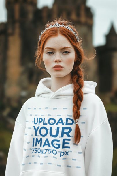 Hoodie Mockup Featuring an AI-Created Woman Wearing a Crown Inspired by an Epic Adventure Trilogy