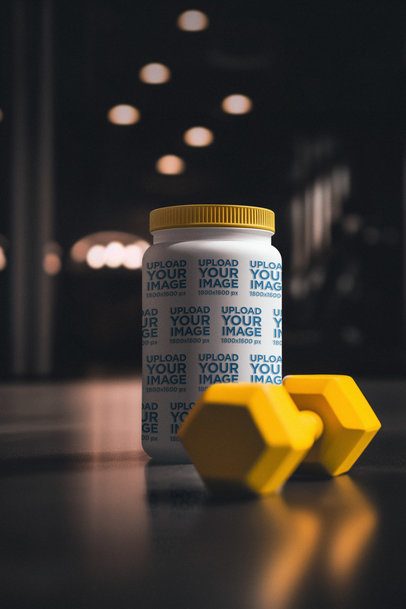 Mockup of an AI-Generated Wide Mouth Bottle Supplement Placed Near to a Dumbbell m53939