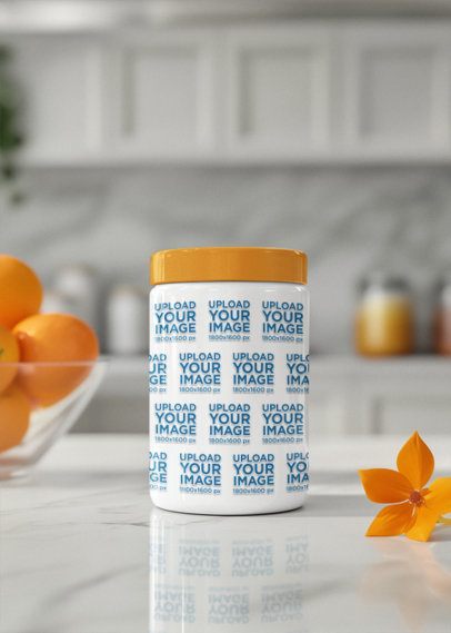 AI-Created Mockup Featuring a Wide Mouth Bottle Supplement Placed on a Marble Table m53940