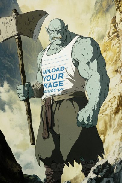 Tank Top Mockup Featuring an AI-Created Fierce Anime Orc Inspired by an Epic Adventure Trilogy Character