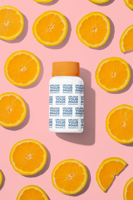 Mockup of an AI-Generated Supplement Capsules Bottle Placed on a Background With Oranges