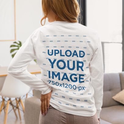 Comfort Colors Long-Sleeve Tee Mockup Featuring the Back-View of a Woman in a Homemade Feel Setting m53775