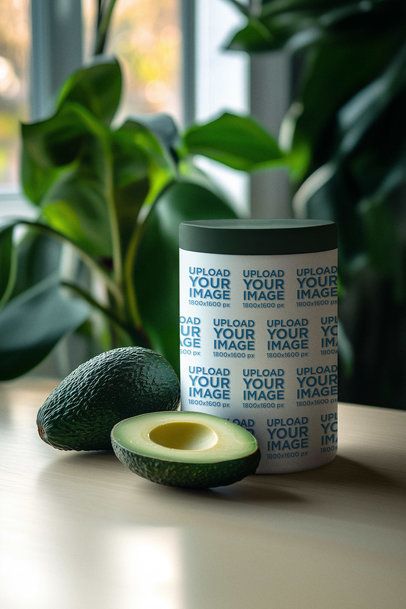 Supplement Wide Mouth Bottle Mockup Featuring an AI-Created Table and Two Avocados m53947