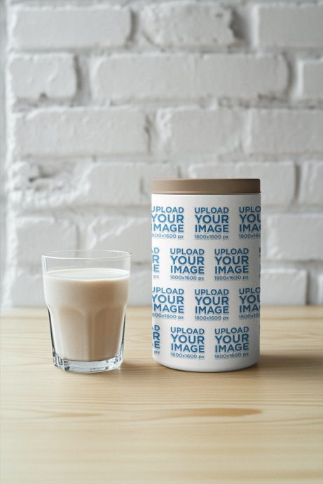 Mockup of an AI Wide Mouth Bottle Supplement Placed on a Table With a Smoothie