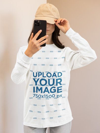 Comfort Colors Mockup Featuring a Woman in a Long-Sleeve Tee Using Her Phone in a Homemade Feel Set m53792
