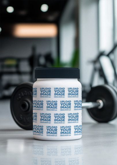 AI-Created Mockup of a Wide Mouth Bottle Supplement Mockup Placed on a Gym Setting m53960