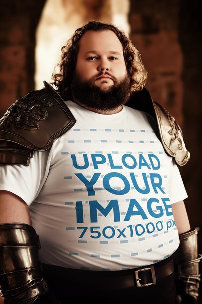 T-Shirt Mockup Featuring an AI-Created Man With an Armor Inspired by an Epic Adventure Trilogy