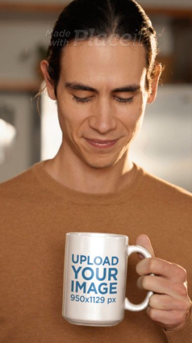 Print Video Featuring a Man Holding a 15 Oz Coffee Mug in a Kitchen