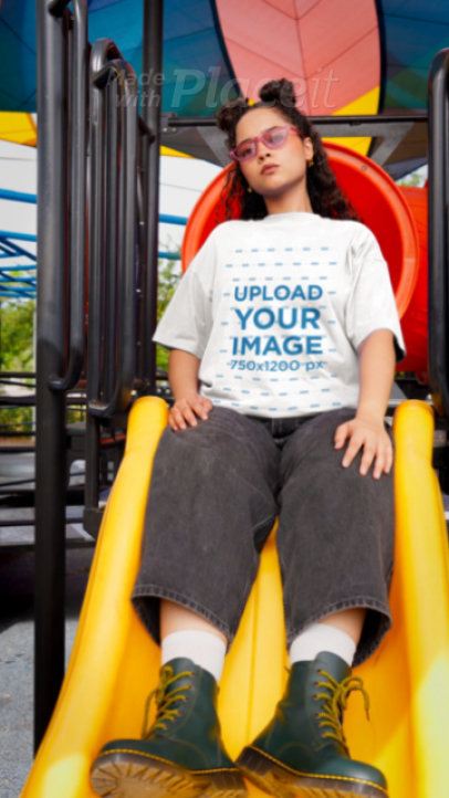 Oversized T-Shirt Video of a Woman Sitting on a Playground Slider 9072v