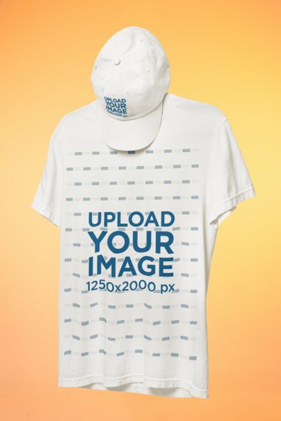 Mockup of a Dad Hat and Comfort Colors T-Shirt Floating on a Colorful Backdrop m54266