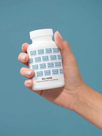 Sea Moss Supplement Mockup Featuring a Woman's Hand Against a Colorful Backdrop m53524
