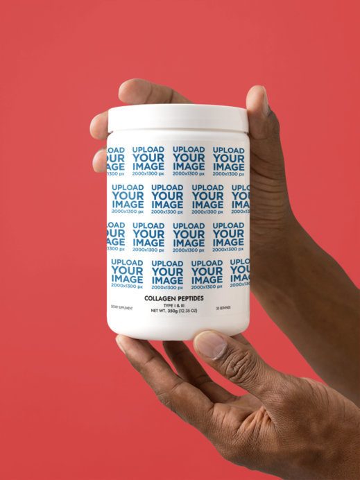 Collagen Peptides Type I & III Supplement Mockup Featuring a Man's Hands in a Solid Color Surface