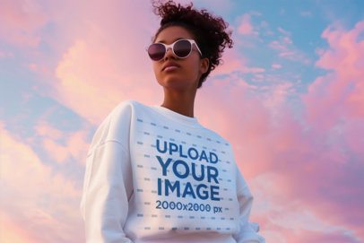 Sweatshirt Mockup Featuring an AI-Created Woman Posing Against a Sunrise Sky