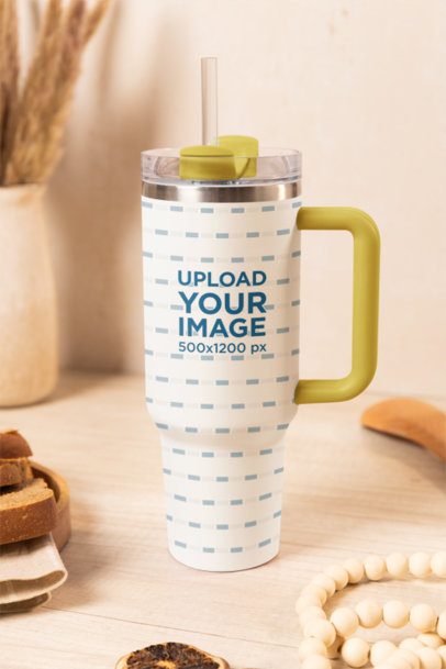Mockup of a Sublimated Stanley Tumbler Placed on a Table in a Kitchen