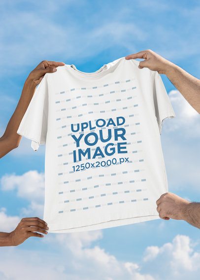 Oversized T-Shirt Mockup Featuring a Woman and a Man Holding It Against the Sky