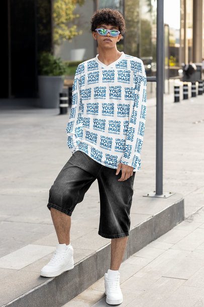 Hockey Jersey Mockup of a Man With Sunglasses Standing on a Sidewalk m54450