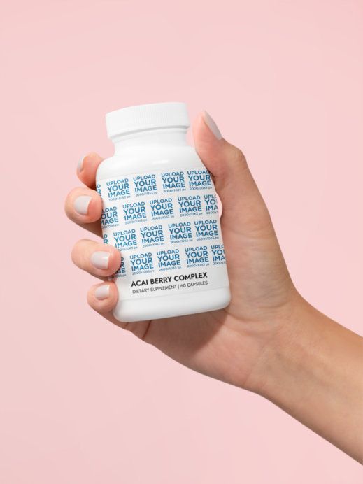 ACAI Berry Complex Mockup Featuring a Woman's Hand Against a Colorful Wall