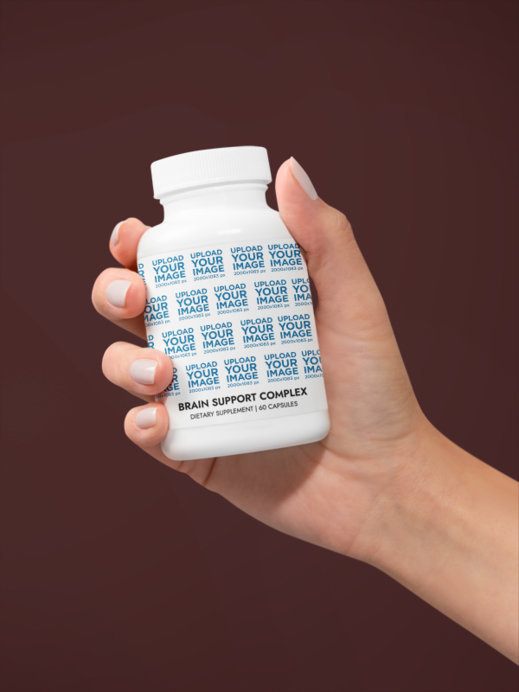Brain Support Complex Supplement Mockup Featuring a Woman's Hand