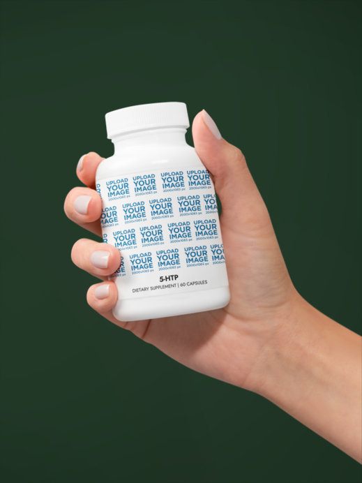 5-HTP Supplement Mockup Featuring a Woman's Hand Against a Colorful Backdrop