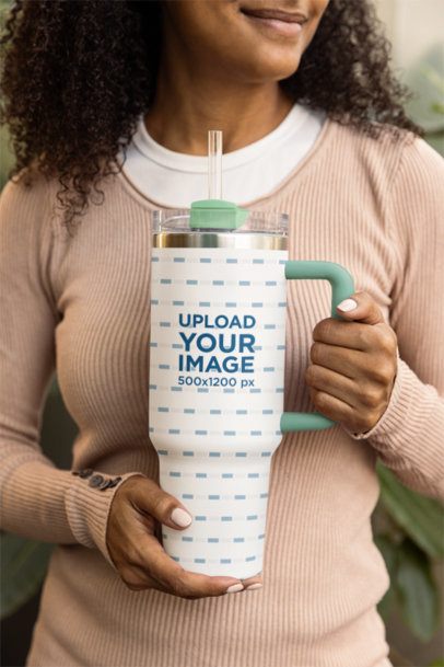 Stanley Tumbler Mockup Featuring a Cropped-Face Woman With Curly Hair m54062