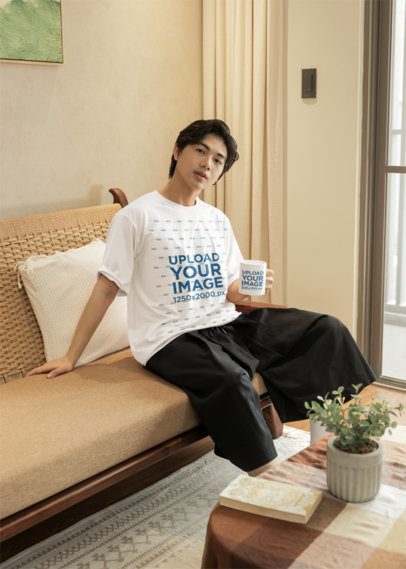 Oversized T-Shirt Mockup of a Man Holding a Coffee Mug in a Cozy Living Room