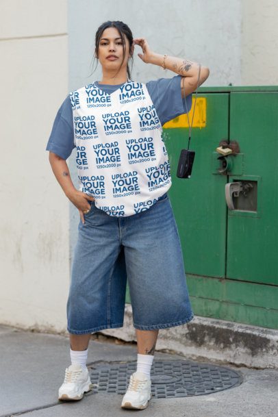 Basketball Jersey Mockup of a Tattooed Woman Standing in the Street m54441