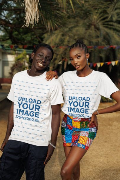 T-Shirt Mockup Featuring a Happy Man Posing Next to a Woman With a Serious Look